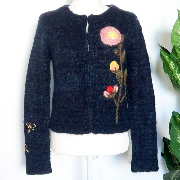 Anthropologie Sweaters - Anthropologie Moth Blue Wool Mohair Alpaca Knit Floral Embroidery Cardigan XS